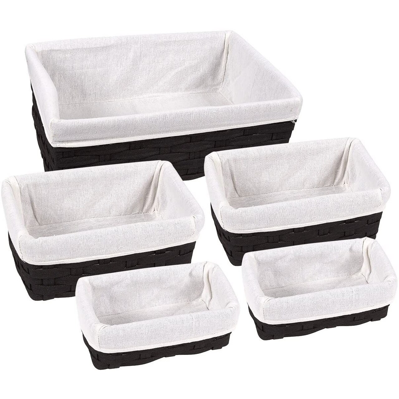 Wicker Nesting Baskets with Liners, Black Storage Organizers for Shelves (5 Piece Set)